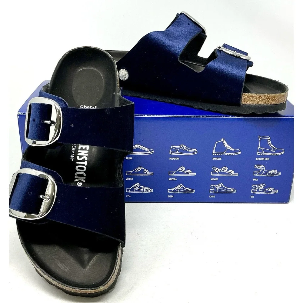 Birkenstock Arizona Big Buckle Midnight Blue Velvet Sandals EU 38 Ladies 7 NIB - Picture 2 of 10
